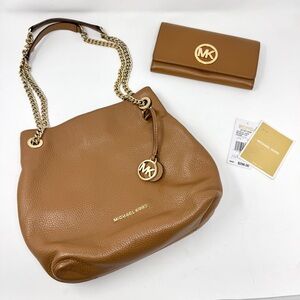 Michael Kors Jet Set Chain Medium Tote Purse Bag and Wallet in Acorn Brown